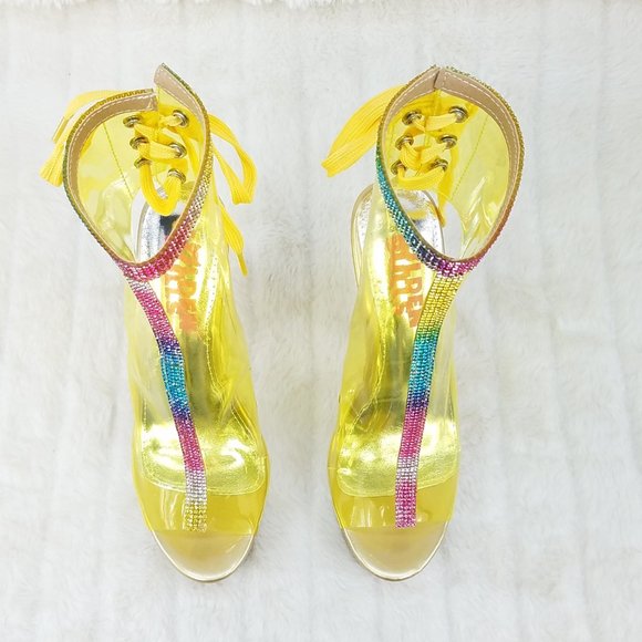 Yellow Clear Platform Heels Shoes Rhinestone Trim Golden Bulls - Picture 11 of 14